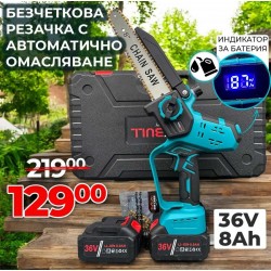 Немска акумулаторна Безчеткова резачка 25см. с Автоматично Омасляване и дисплей за нивото на батерията + две закалени вериги