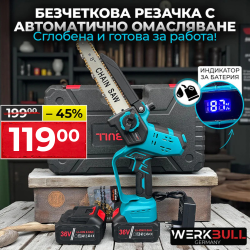 Немска акумулаторна Безчеткова резачка 25см. с Автоматично Омасляване и дисплей за нивото на батерията + две закалени вериги